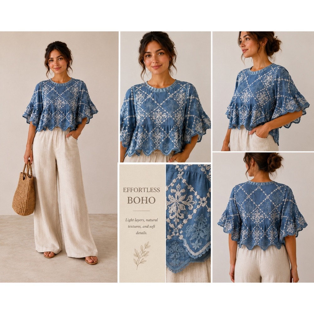 Kindred Blue Embroidered Boho Peplum Top Bell Sleeve Crochet Trim XL